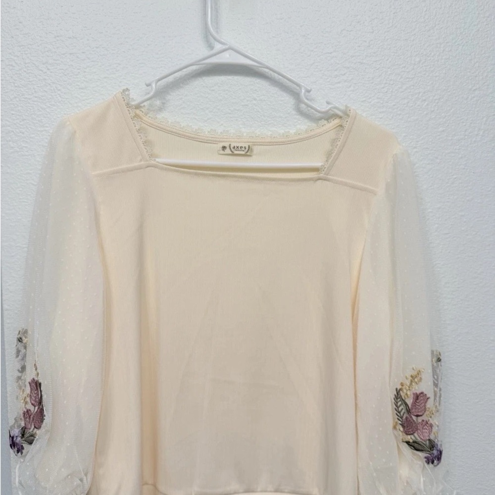 Cream Embroidered Square-Neck Blouse